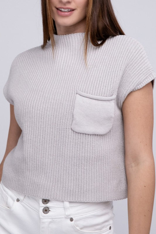 Natural Knit Mock Neck Short Sleeve Cropped Sweater
