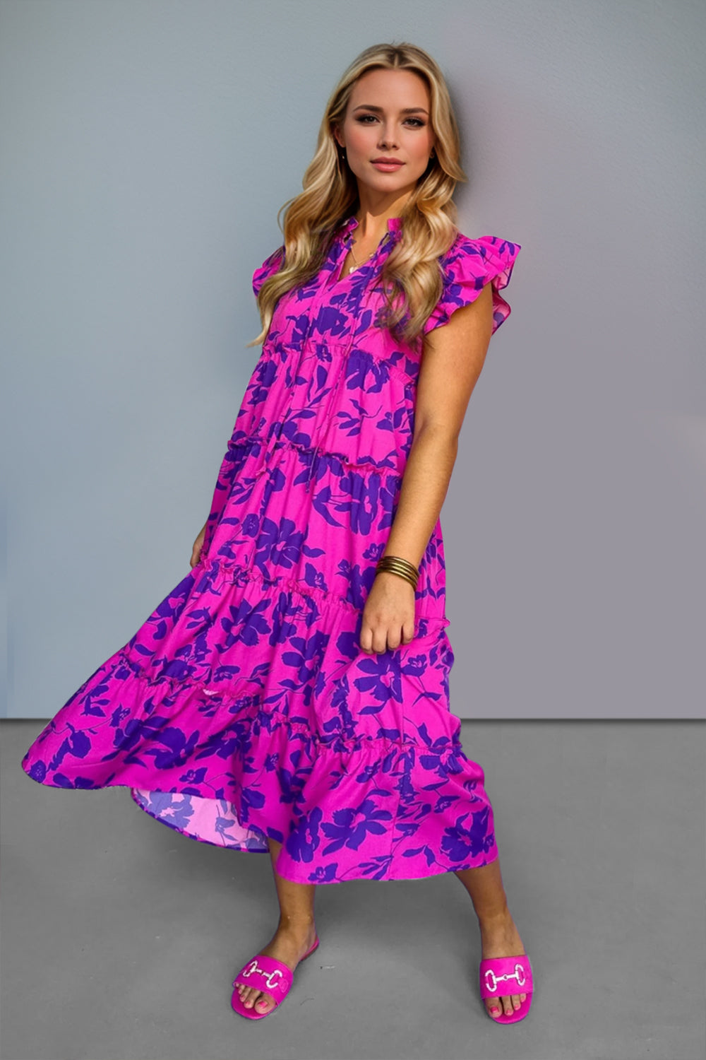 Magenta Pink Ruffled Printed Notched Cap Sleeve Midi Dress