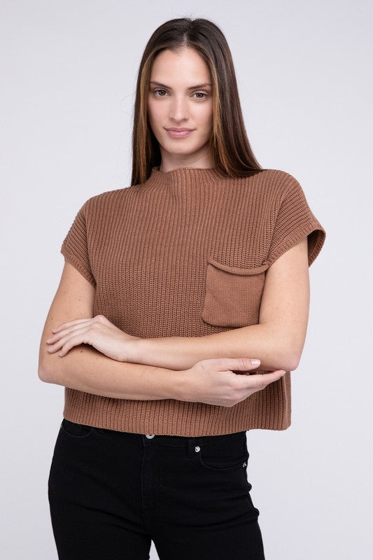Natural Knit Mock Neck Short Sleeve Cropped Sweater