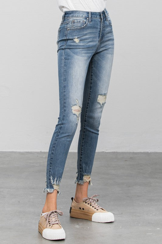 Spring Distressed Raw Hem Skinny Jeans