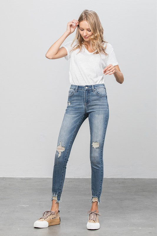 Spring Distressed Raw Hem Skinny Jeans