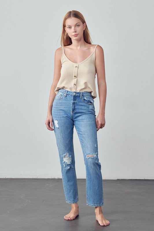 High Rise Distressed Modern Straight Jeans