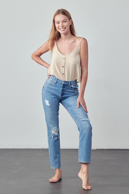 High Rise Distressed Modern Straight Jeans