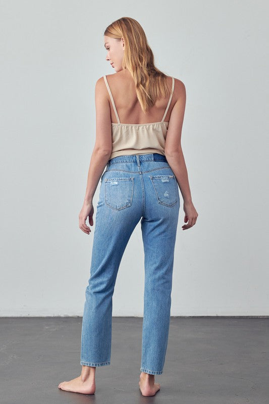 High Rise Distressed Modern Straight Jeans