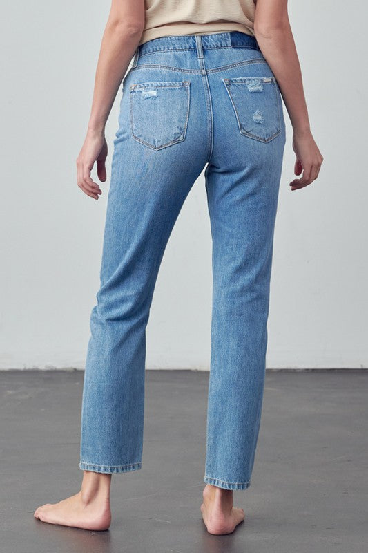 High Rise Distressed Modern Straight Jeans