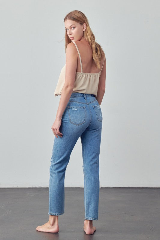 High Rise Distressed Modern Straight Jeans