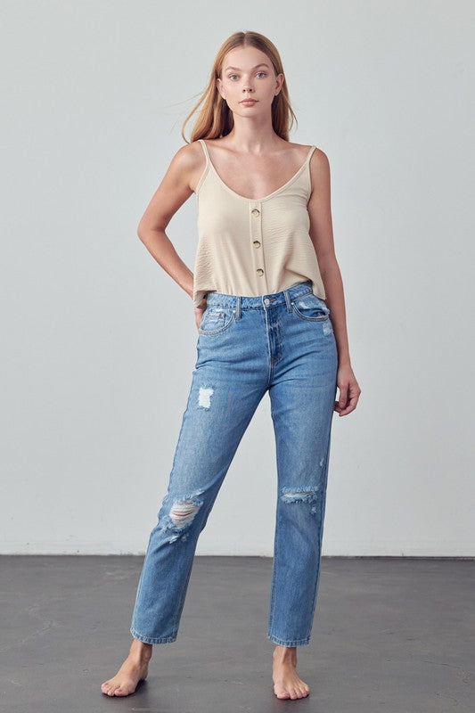 High Rise Distressed Modern Straight Jeans