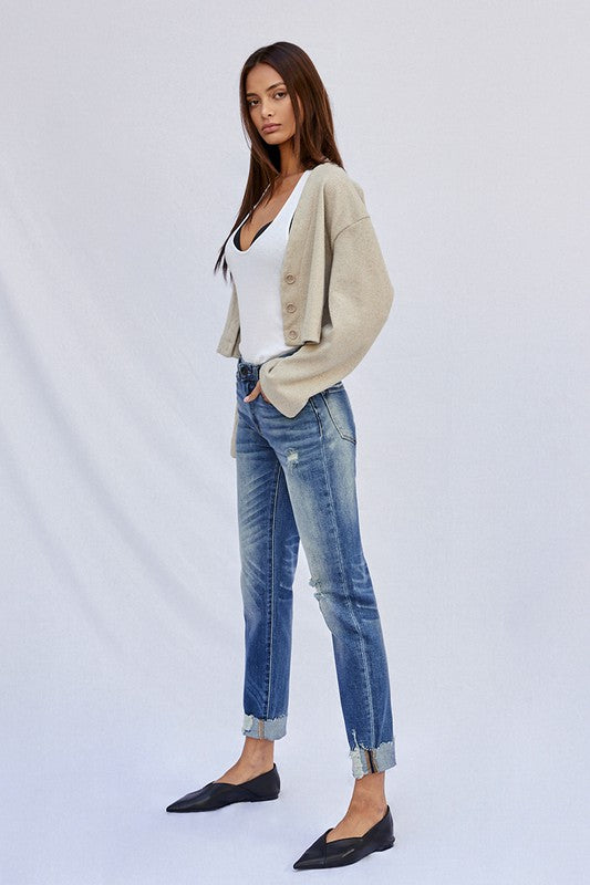 Natural Raw Hem Boyfriend Jeans