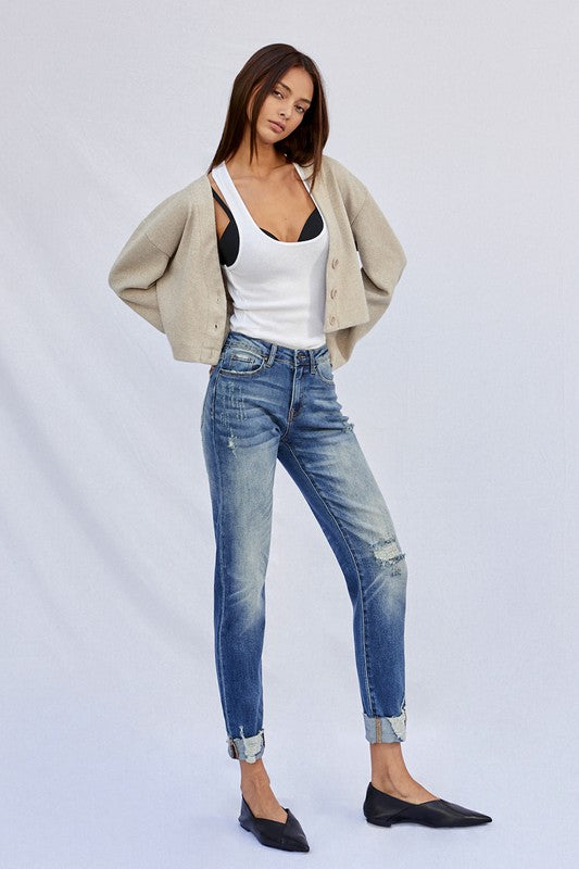 Natural Raw Hem Boyfriend Jeans