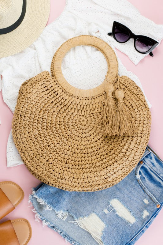 Women's Outdoor Straw Tassel O-Ring Tote