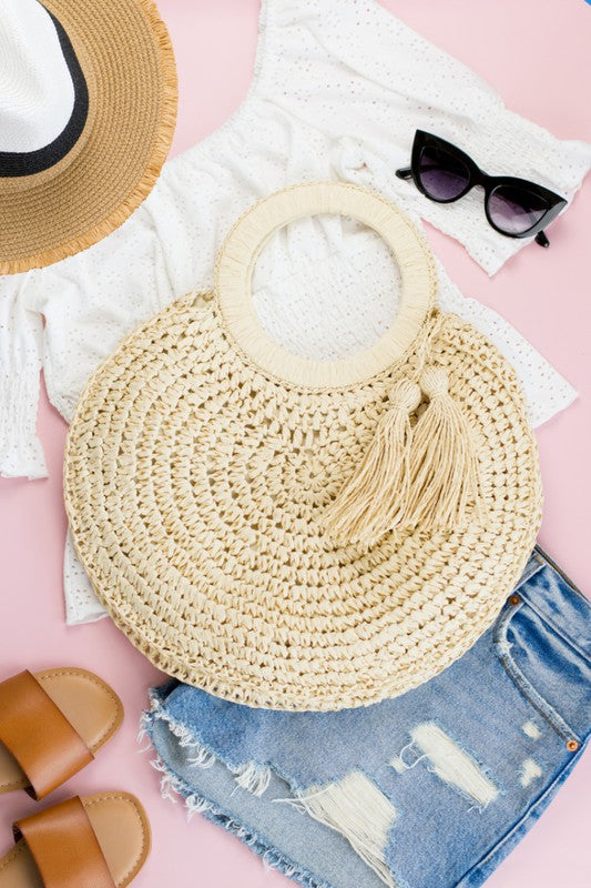 Women's Outdoor Straw Tassel O-Ring Tote