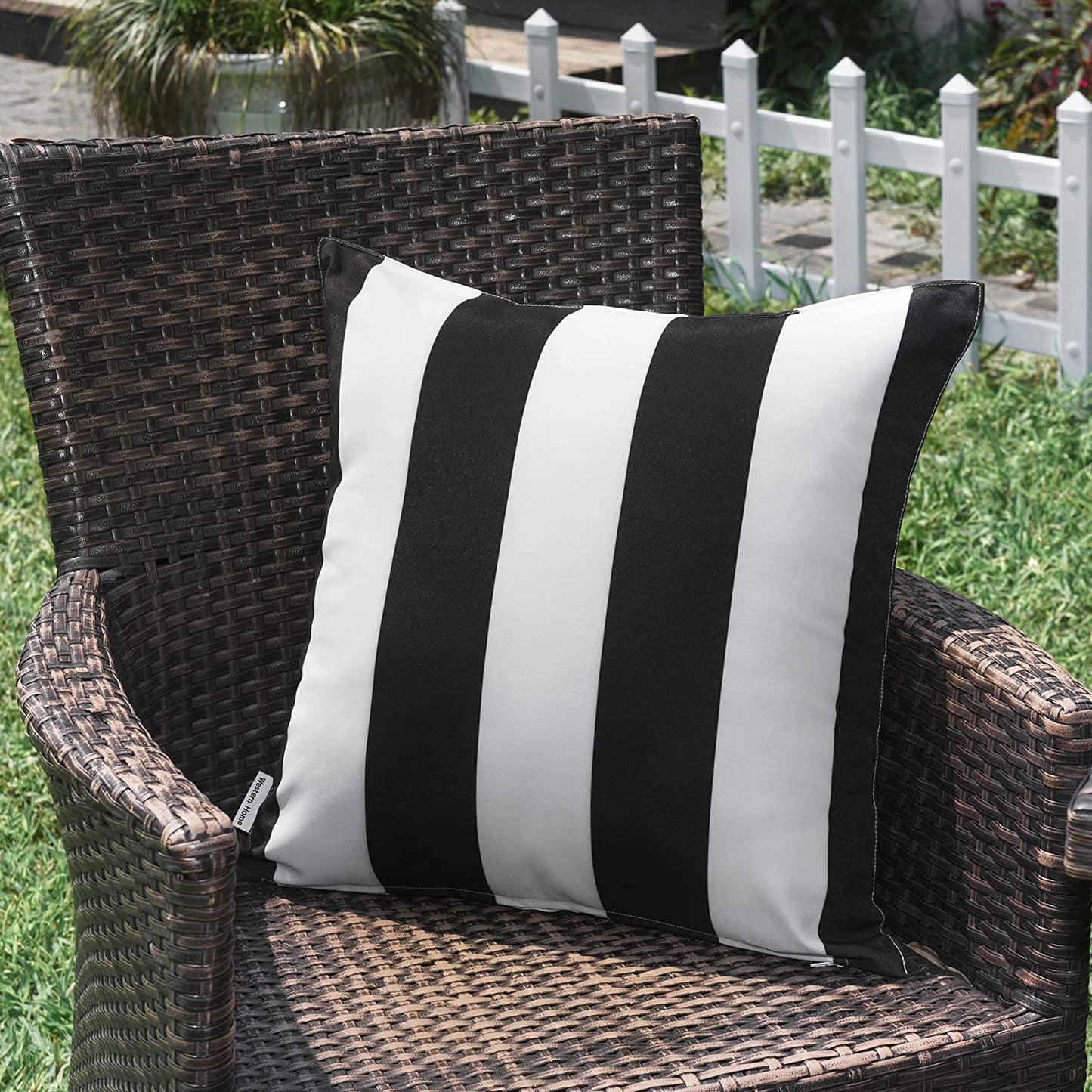 Western Home Pack of 2 Decorative Outdoor Solid Waterproof Striped Throw Pillow Covers Polyester Linen Garden Farmhouse Cushion Cases for Patio Tent Balcony Couch Sofa 18X18 Inch Black