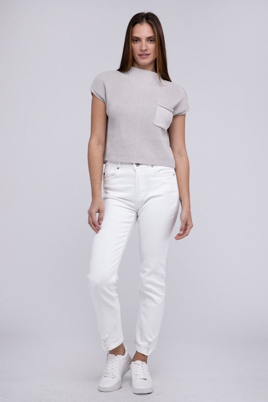 Natural Knit Mock Neck Short Sleeve Cropped Sweater