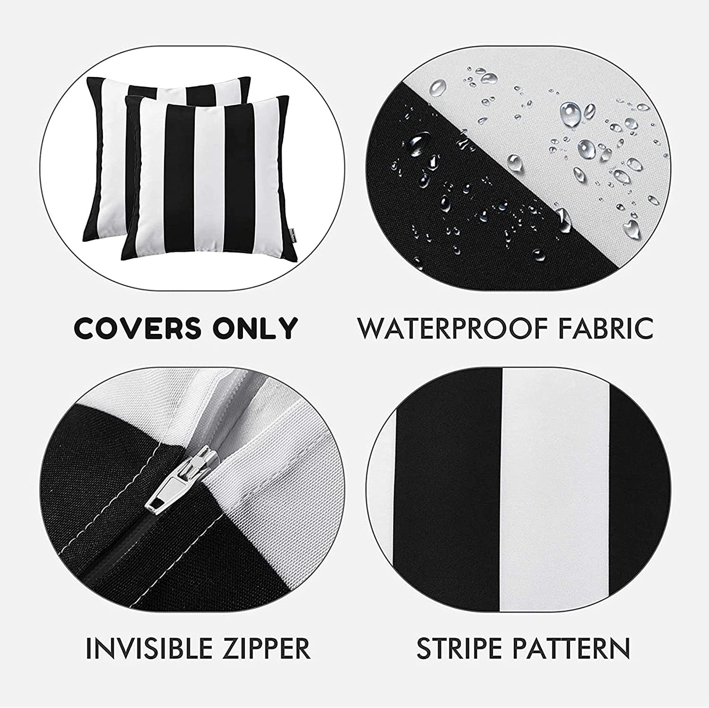 Western Home Pack of 2 Decorative Outdoor Solid Waterproof Striped Throw Pillow Covers Polyester Linen Garden Farmhouse Cushion Cases for Patio Tent Balcony Couch Sofa 18X18 Inch Black