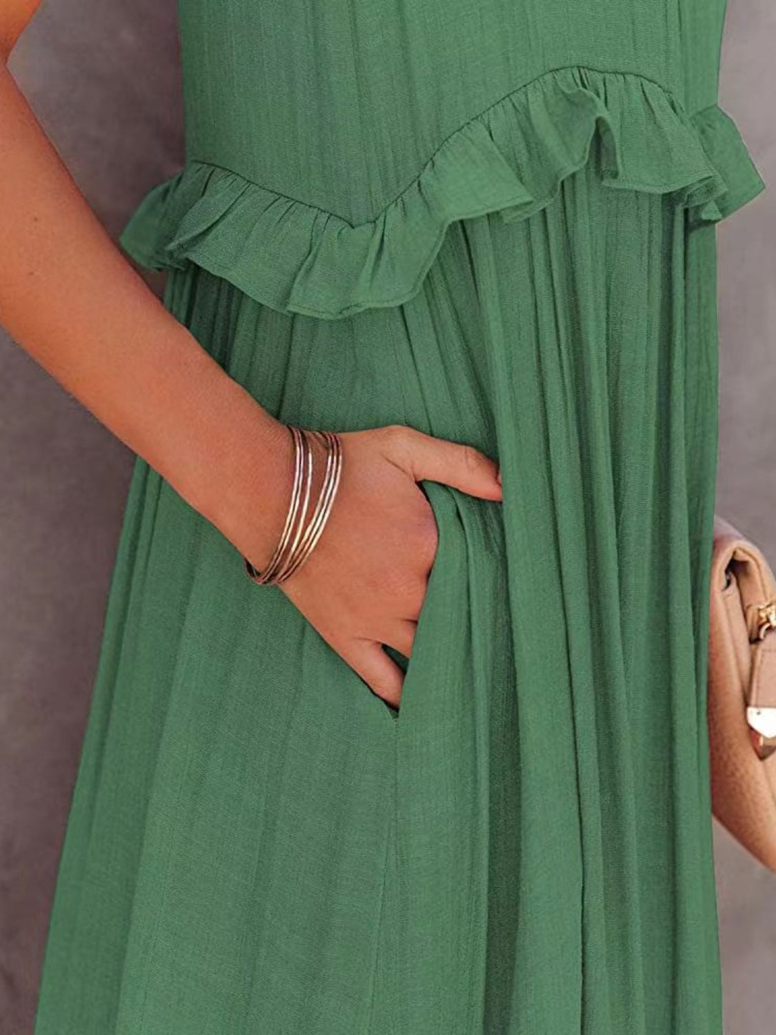 Natural Ruffled Sleeveless Maxi Dress with Pockets