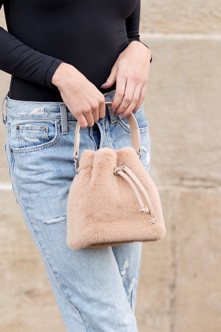 Cream Soft Faux Fur Convertible Plush Top Handle Crossbody