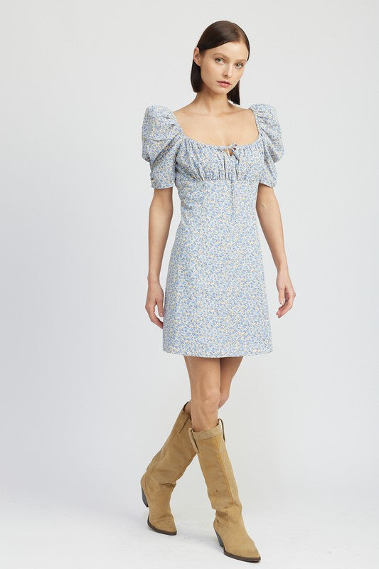 FLORAL lightweight MINI DRESS WITH PUFF SLEEVES
