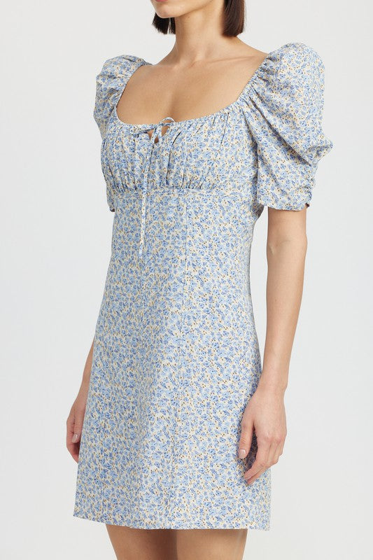 FLORAL lightweight MINI DRESS WITH PUFF SLEEVES
