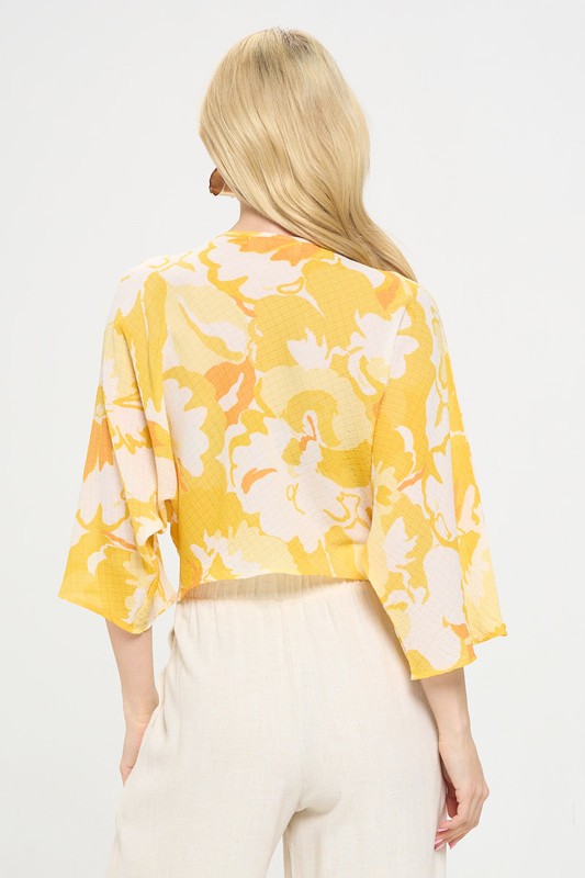 Yellow light Blouse, Made in USA Floral Mid Sleeve Top w Front Twist