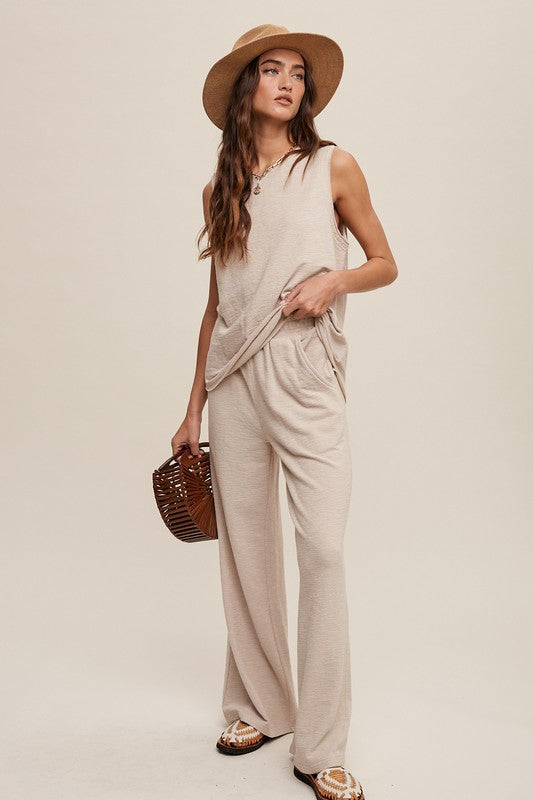 Navy and Oatmeal Color Soft Knit Tank and Sweat Pant Set