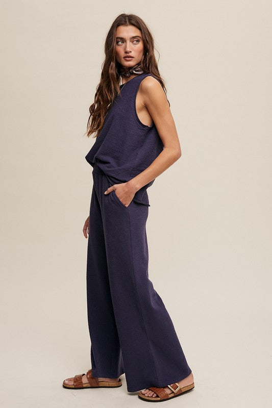 Navy and Oatmeal Color Soft Knit Tank and Sweat Pant Set