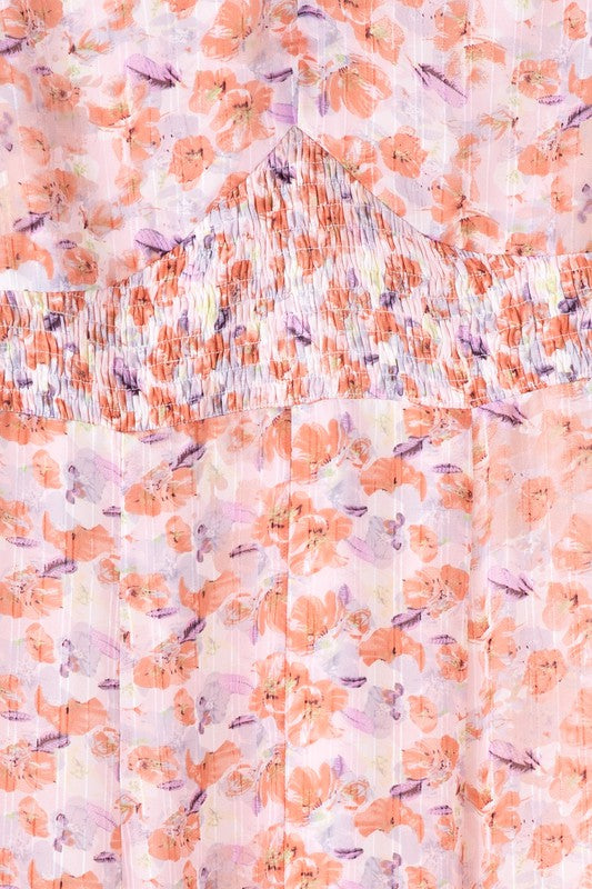 Orange Pink Floral V neck maxi dress