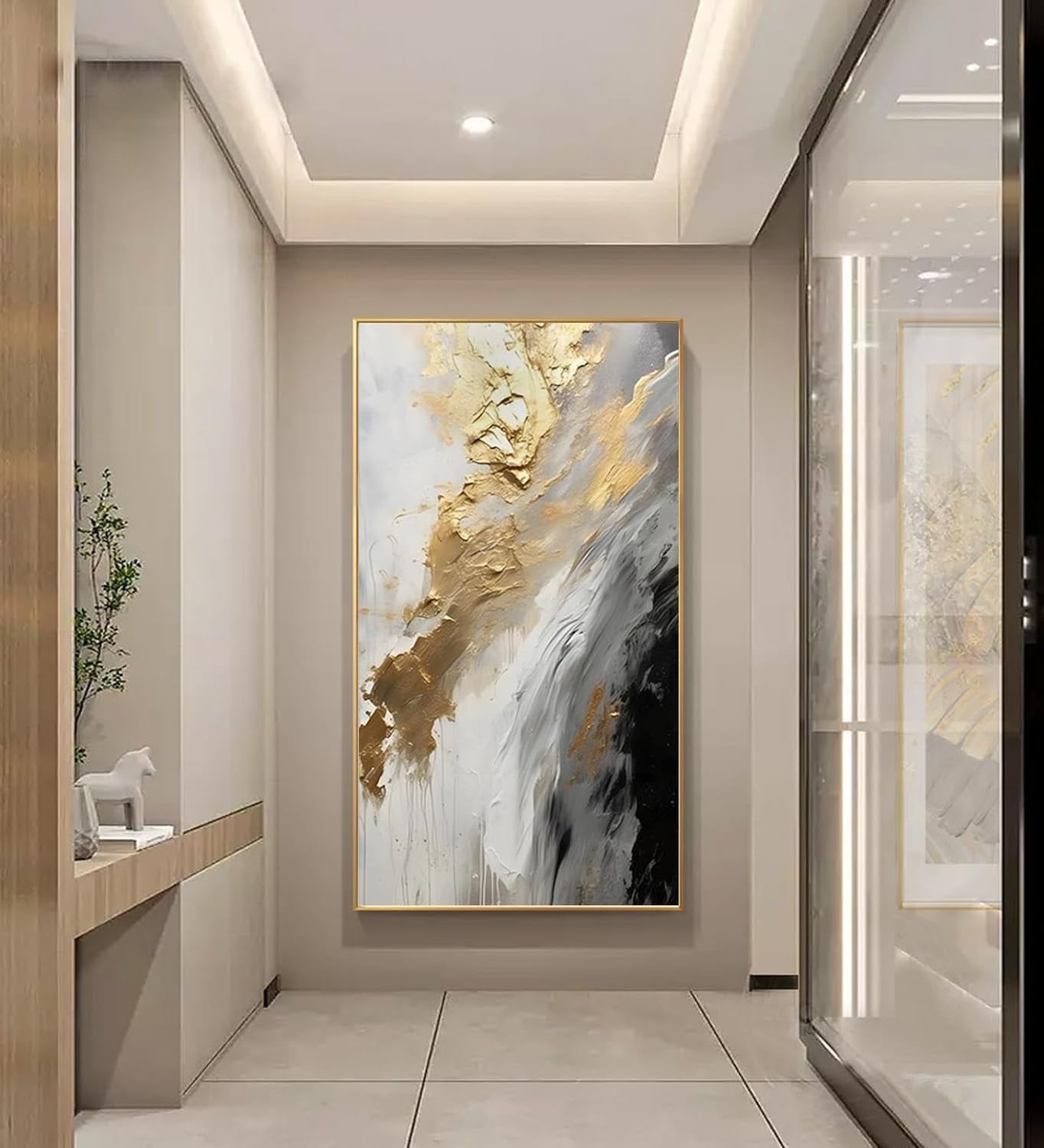 Gold Abstract Oil Painting on Canvas for Entrance-Hall, Framed White and Black Wall Art for Living Room, Home Decoration 24X48Inch