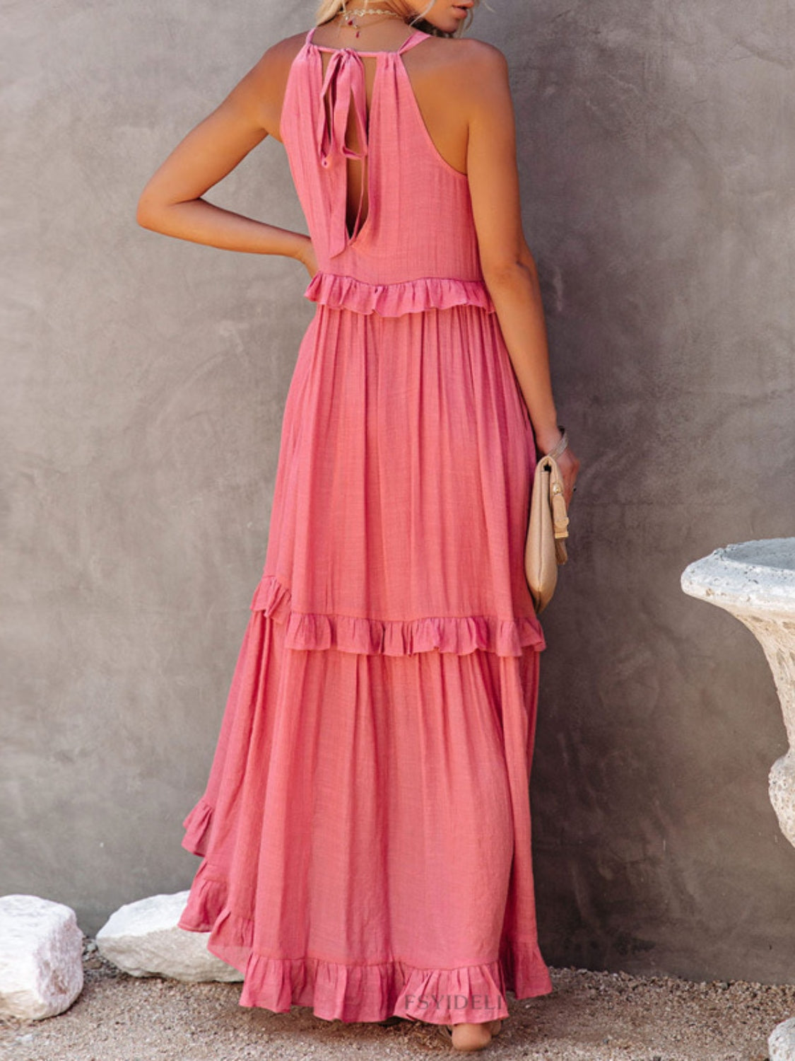 Natural Ruffled Sleeveless Maxi Dress with Pockets