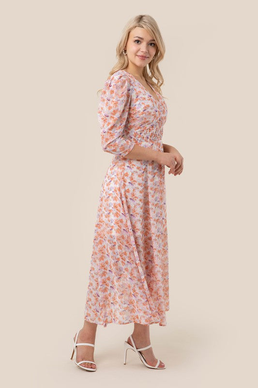 Orange Pink Floral V neck maxi dress