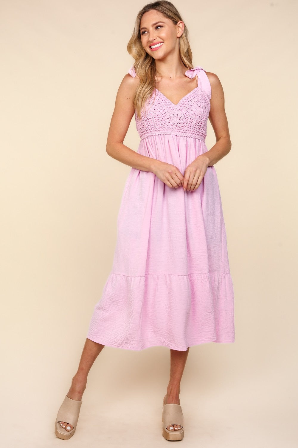 Shoulder Ribbon Haptics Crochet Lace Ruffle Hem Cami Midi Dress