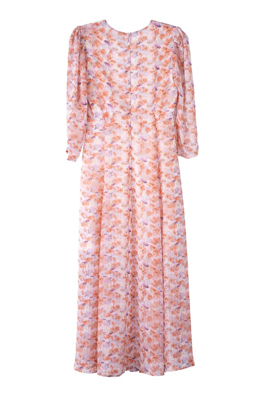 Orange Pink Floral V neck maxi dress