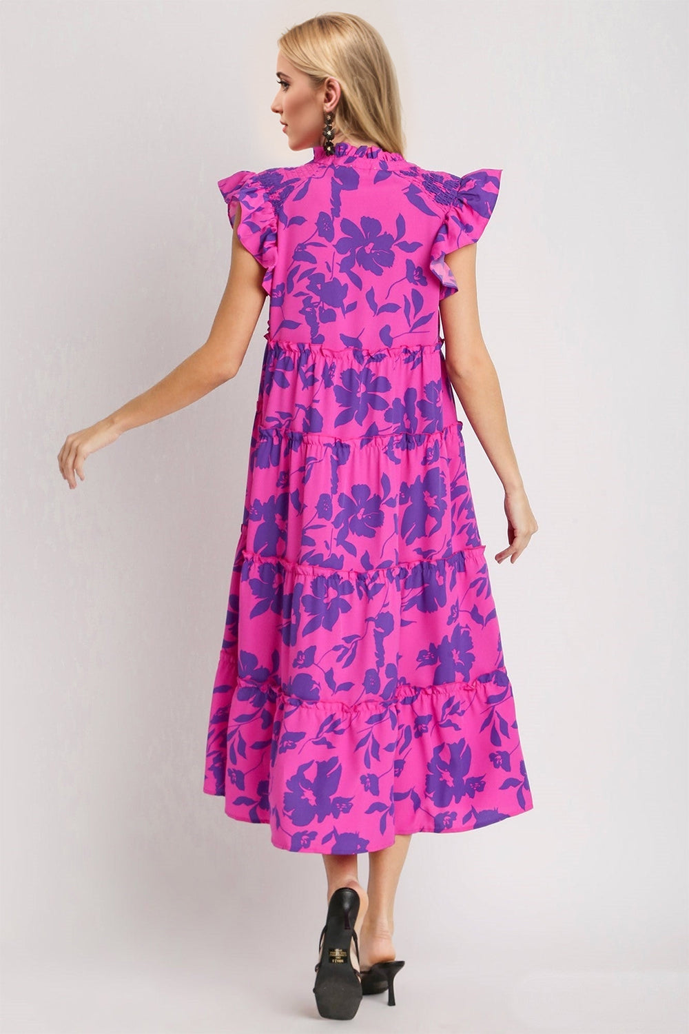 Magenta Pink Ruffled Printed Notched Cap Sleeve Midi Dress