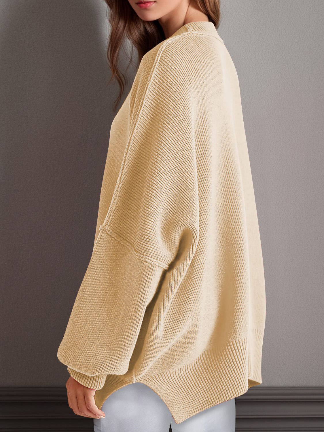 Oversize fitted Double Take Side Slit Round Neck Long Sleeve Sweater