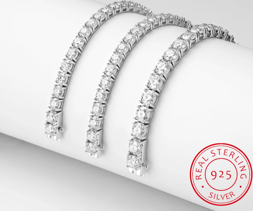 100% 925 Sterling Silver 3/4/5Mm Moissanite Gemstone Bangle Charm Wedding Tennis Chain Bracelet