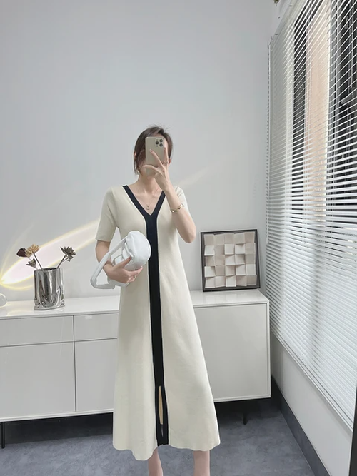 Black and White Elegant Short Sleeve Summer Knitted Dresses Slit Maxi Dress Black White Long Knitted Dresses