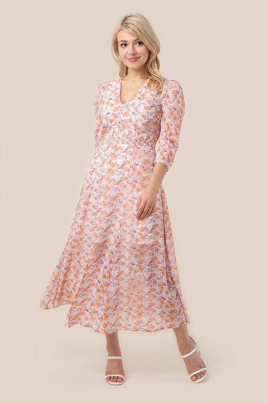Orange Pink Floral V neck maxi dress