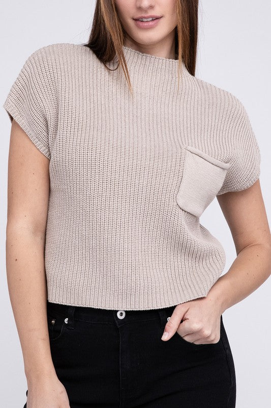 Natural Knit Mock Neck Short Sleeve Cropped Sweater