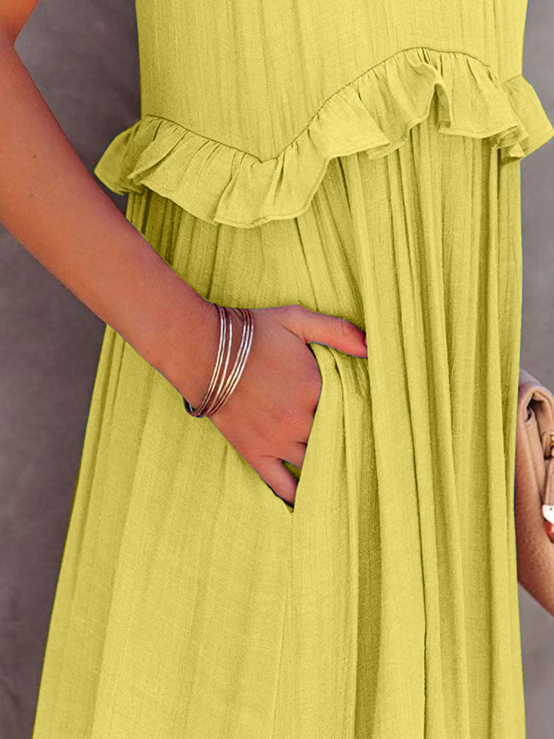 Natural Ruffled Sleeveless Maxi Dress with Pockets
