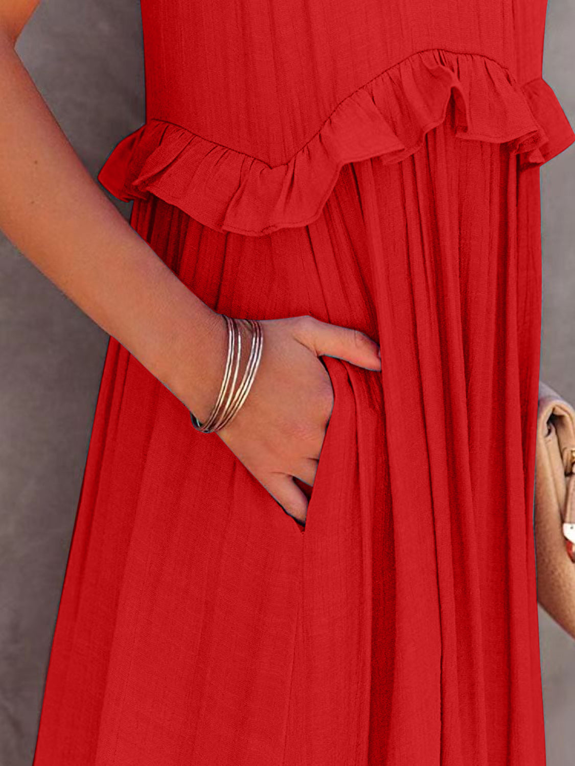 Natural Ruffled Sleeveless Maxi Dress with Pockets