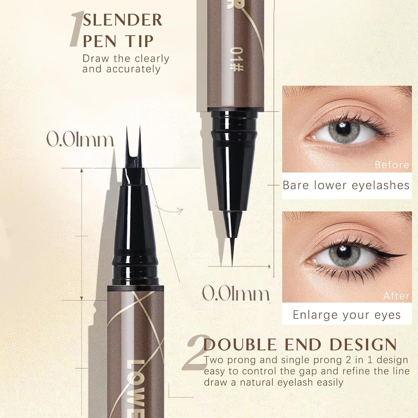 Dual Pronged Bottom Eyelashes Pen Super Slim Eye Liner Liquid Eyeliner Extra Fine 3D under Lash for Eye Makeup (Black 2Pcs)