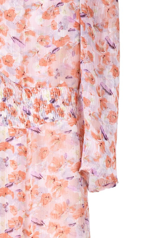 Orange Pink Floral V neck maxi dress