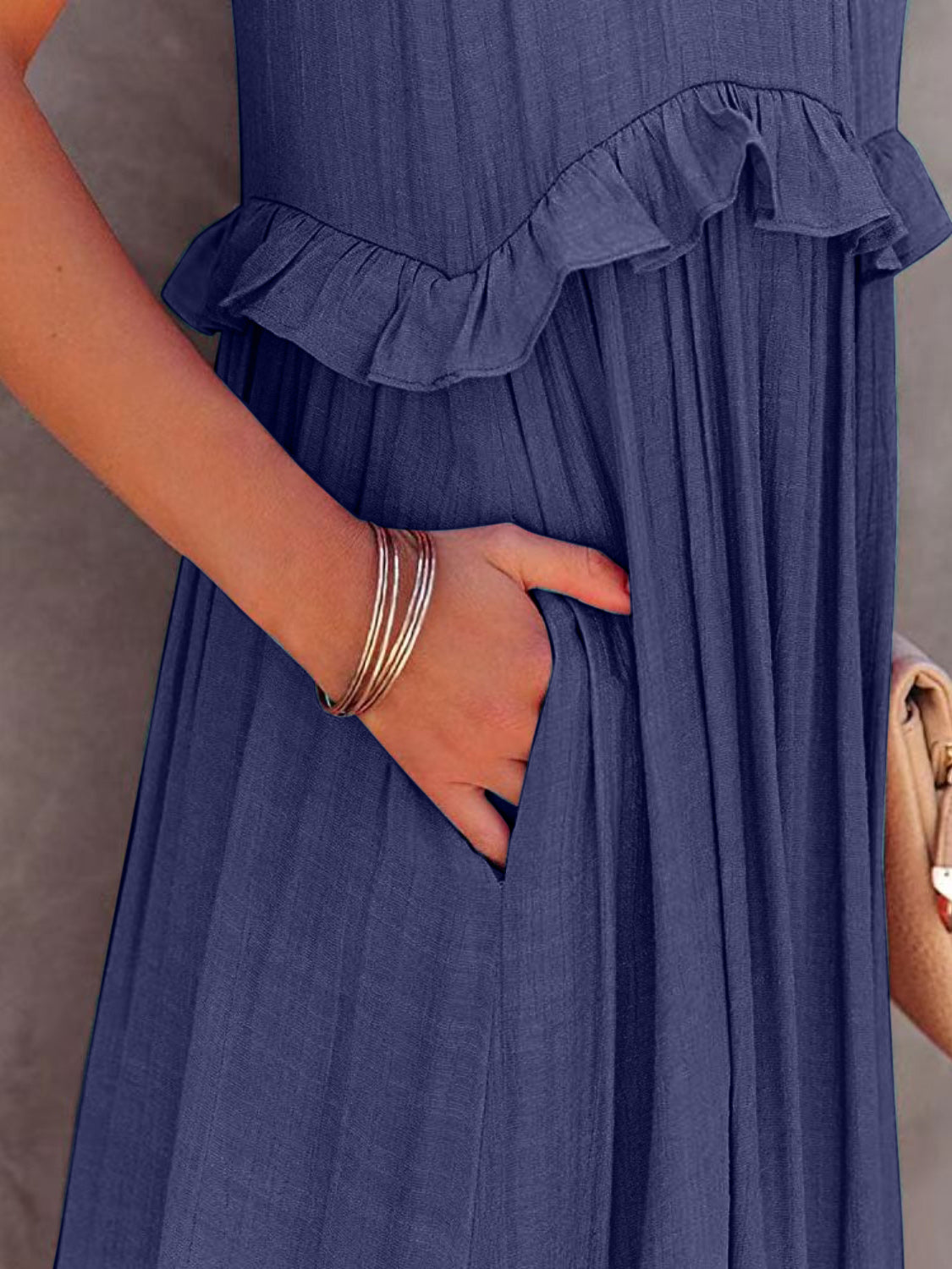 Natural Ruffled Sleeveless Maxi Dress with Pockets