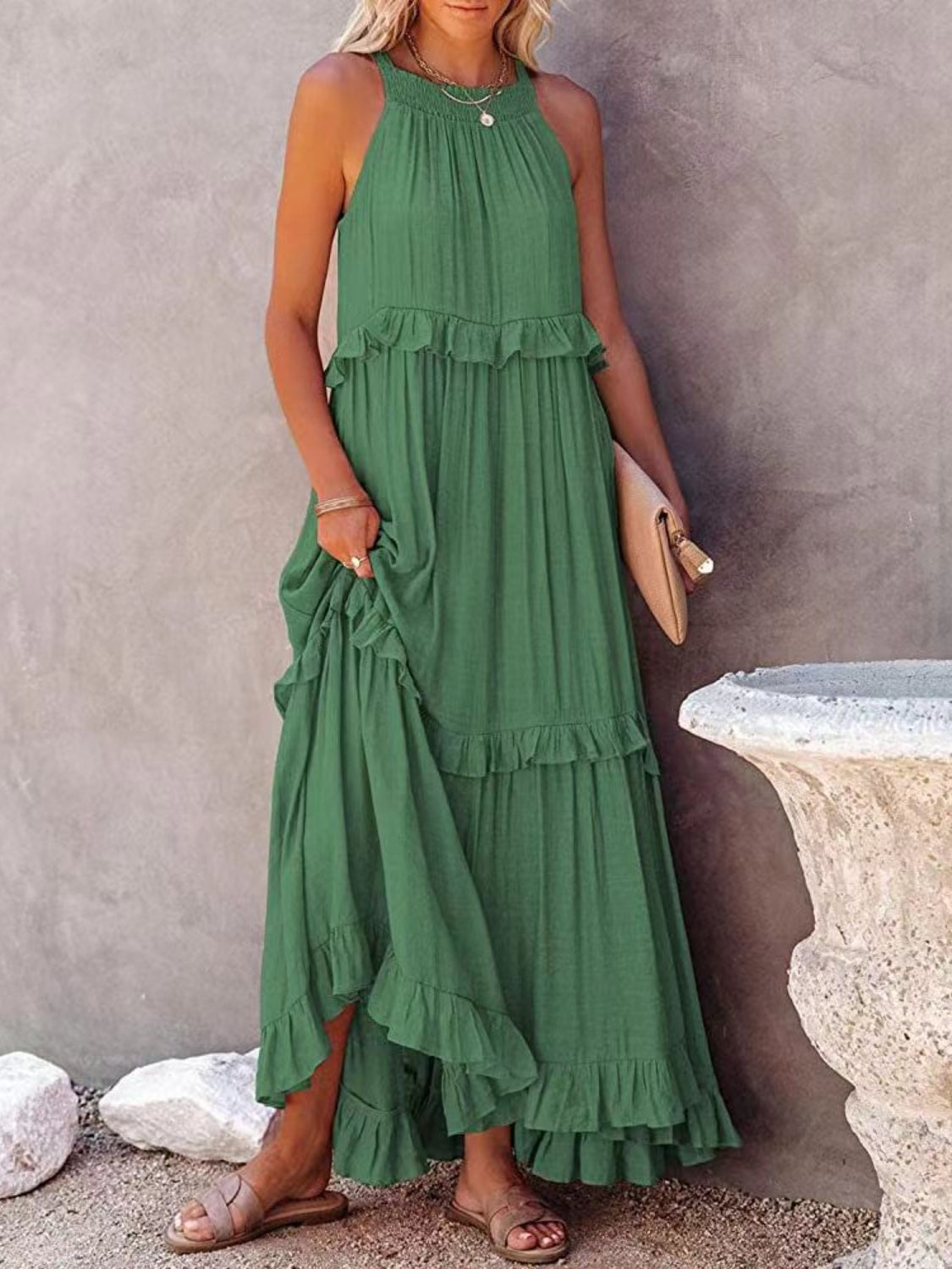 Natural Ruffled Sleeveless Maxi Dress with Pockets