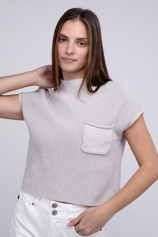 Natural Knit Mock Neck Short Sleeve Cropped Sweater