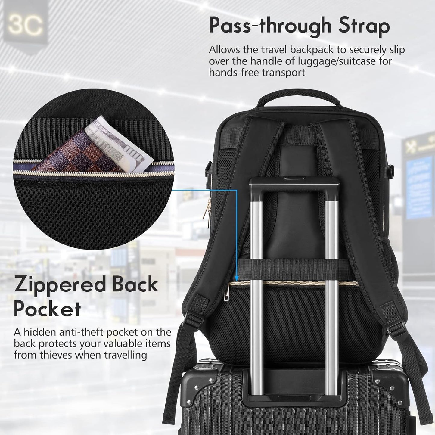 Big Size Travel Backpack Women, Flight Approved Carry on Backpack, Water Resistant Anti-Theft Casual Daypack School Bag Fit 17 Inch Laptop with USB Charging Port, Black