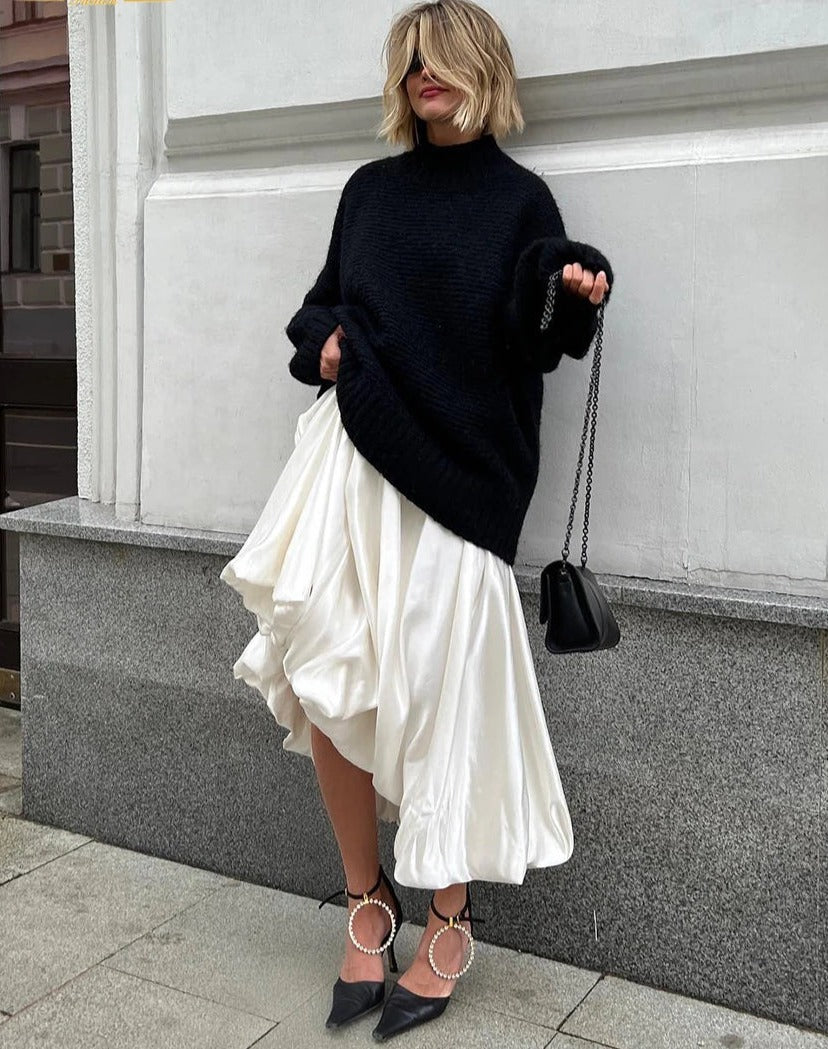 Fashion Beige Satin Skirts for Women Elegant High Waist Office Lady Ankle-Length Skirt Casual Loose Skirt Female Clothes
