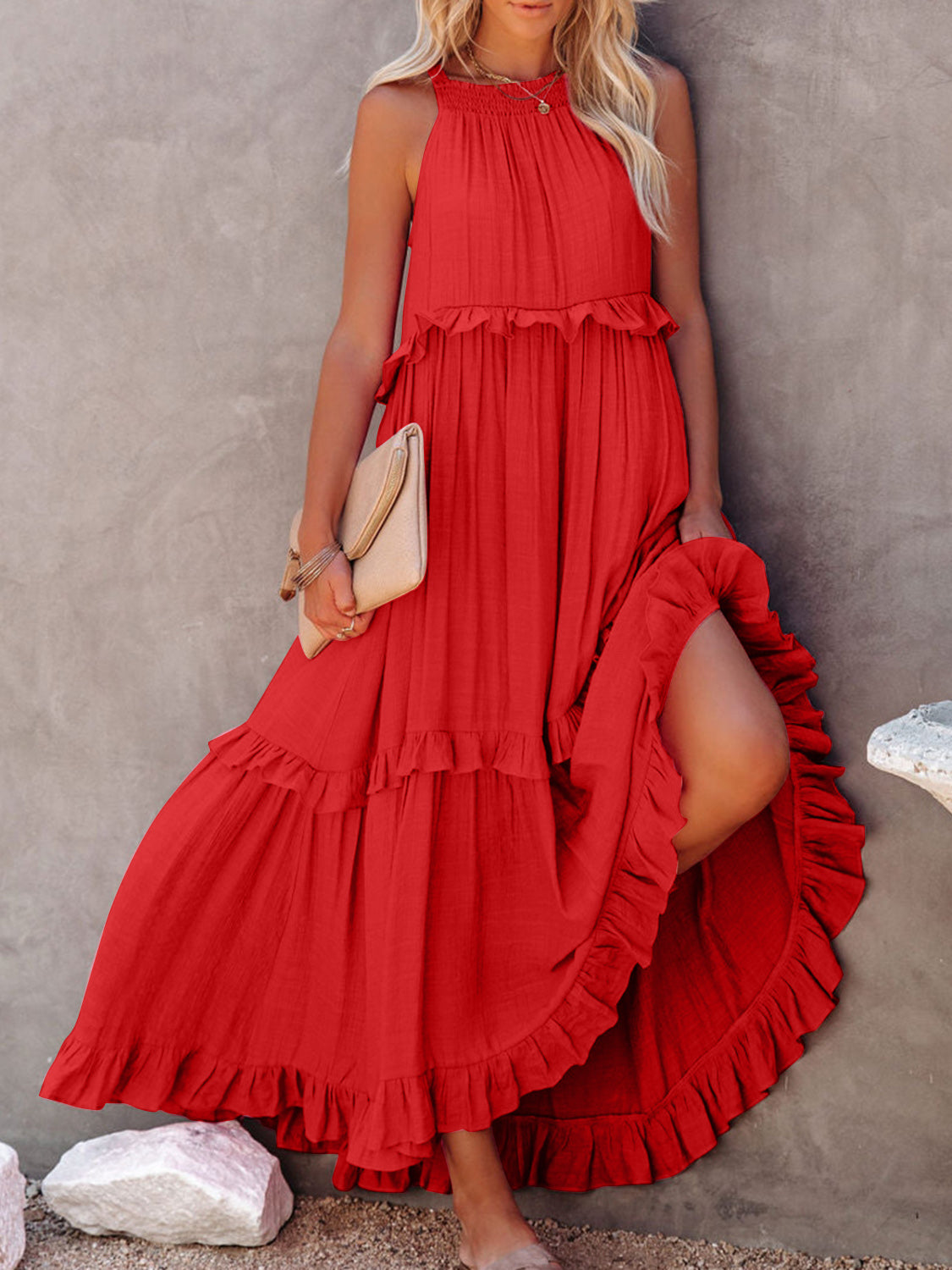 Natural Ruffled Sleeveless Maxi Dress with Pockets