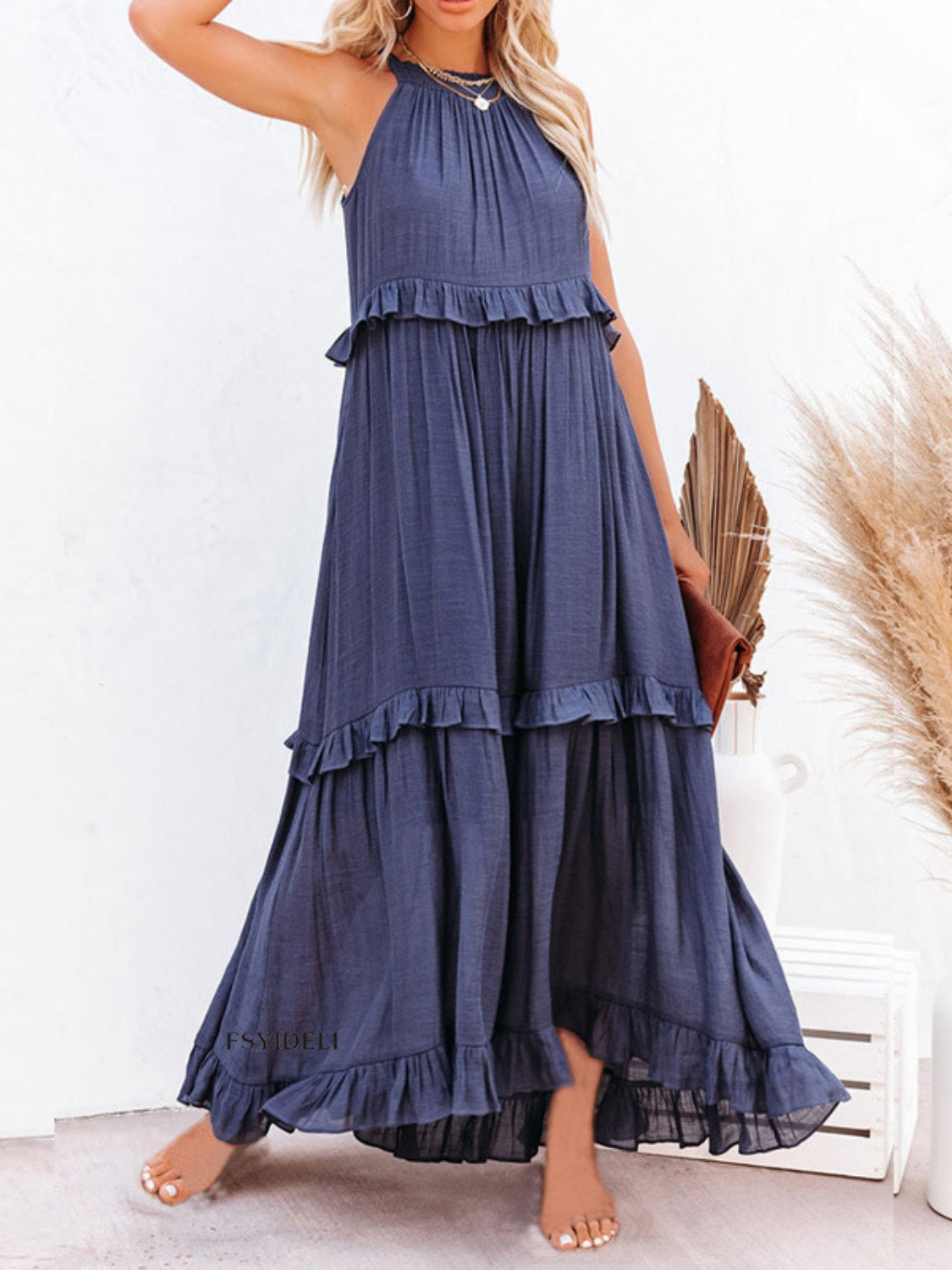 Natural Ruffled Sleeveless Maxi Dress with Pockets