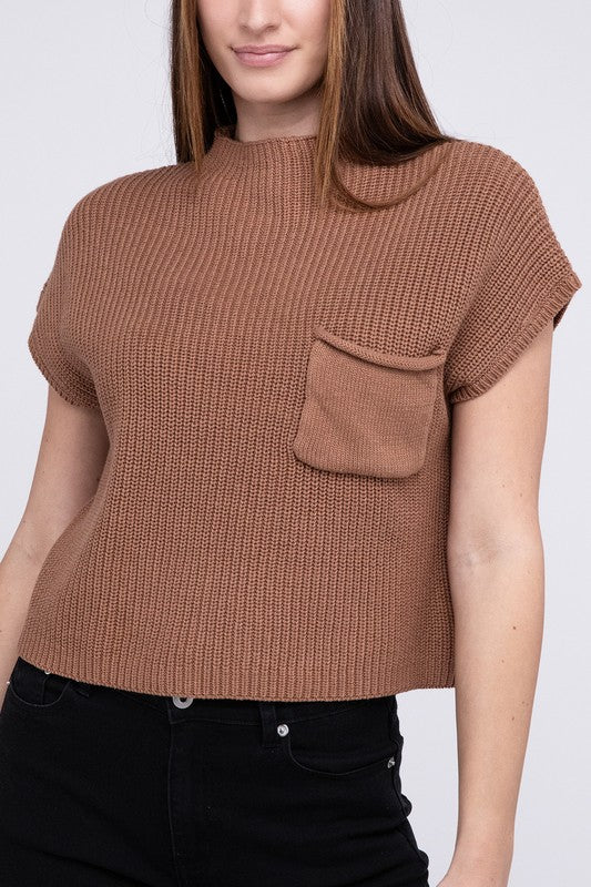Natural Knit Mock Neck Short Sleeve Cropped Sweater