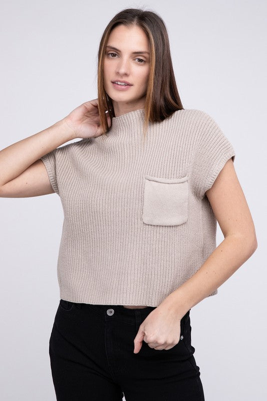 Natural Knit Mock Neck Short Sleeve Cropped Sweater